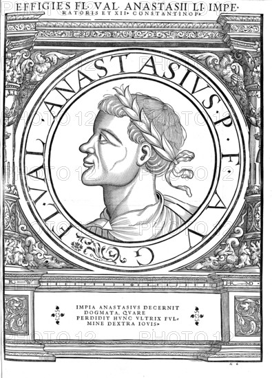Anastasios I, Anastasius, as Emperor Imperator Caesar Flavius Anastasius Augustus (born around 430 in Dyrrachium, died 9/10 July 518 in Constantinople) was Eastern Roman Emperor from 491 to 518, authentic, digitally restored reproduction from a 19th century original, record date not stated