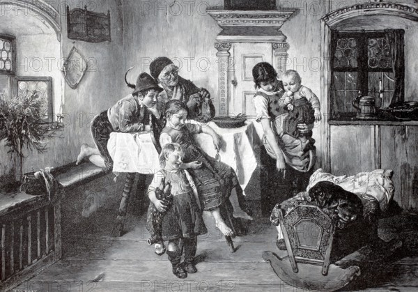 Living scene, the dachshund has made itself comfortable in the baby cradle and is surprised by the family and has to give way, Farmhouse, 1880, Historical, authentic, digitally restored reproduction from a 19th century original, Record date not stated