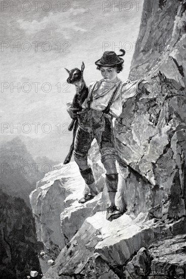 Boy has rescued a little goat that got lost on the mountain, now he is afraid to climb the mountain himself, Alps, 1880, Historical, authentic, digitally restored reproduction from a 19th century original, Record date not stated