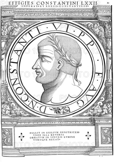 Constantine VI, (born around 771, died between 797 and 805 in Constantinople) succeeded his father Leo IV as emperor of Byzantium in 780 and reigned until 797. He was the last male emperor of the Syrian dynasty, authentic, digitally restored reproduction from a 19th century original, record date not stated