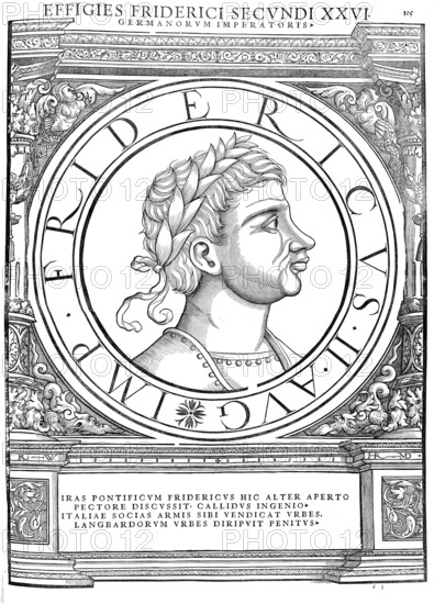 Frederick II, Federico II di Svevia, (born 26 December 1194 in Jesi near Ancona, died 13 December 1250 in Castel Fiorentino near Lucera, Kingdom of Sicily) from the noble family of the Hohenstaufen was King of Sicily from 1198, Roman-German King from 1212 and Emperor of the Roman-German Empire from 1220 until his death, authentic, digitally restored reproduction from a 19th century original, record date not stated