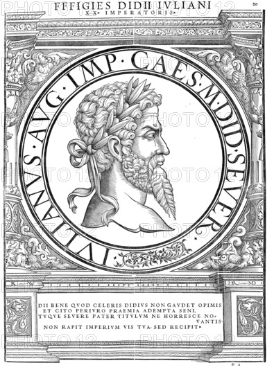 Marcus Didius Severus Iulianus, Julian I, (born 30 January 133 or 2 February 137 in Milan, died 2 June 193 in Rome) was Roman Emperor from 28 March 193 until his death after only 66 days, authentic, digitally restored reproduction from a 19th century original, record date not stated
