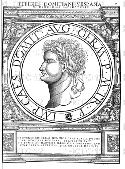 Domitian (born 24 October 51 in Rome, died 18 September 96 in Rome) was Roman Emperor from 14 September 81 until his death, authentic, digitally restored reproduction from a 19th century original, record date not stated
