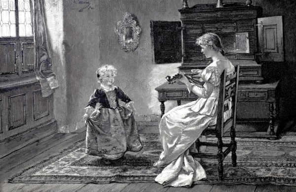 The little sister's first dance lesson, Young woman playing a mandolin, girl practising her first dance steps, Historical, authentic, digitally restored reproduction from a 19th century original, Record date not stated