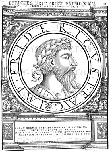Frederick I, called Barbarossa (born around 1122, died 10 June 1190 in the river Saleph near Seleucia), from the noble family of the Hohenstaufen, was Duke of Swabia from 1147 to 1152 as Frederick III. Duke of Swabia, Roman-German King from 1152 to 1190 and Emperor of the Roman-German Empire from 1155 to 1190, authentic, digitally restored reproduction from a 19th century original, record date not stated
