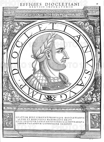 Diocletian, Diocles, Gaius Aurelius Valerius Diocletianus, (born between 236 and 245 in Dalmatia, died around 312 in Spalatum) was Roman Emperor from 284 to 305, authentic, digitally restored reproduction from a 19th century original, record date not stated