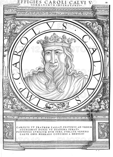Charles II (born 13 June 823 in Frankfurt, died 6 October 877 in Avrieux near Modane), called Charles the Bald, of the Carolingian dynasty, was King of the West Franks from 843 to 877 and King of Italy and Roman Emperor from 875 to 877, authentic, digitally restored reproduction from a 19th century original, record date not stated