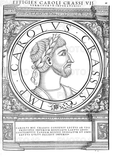 Charles III (born 839, died 12 January 888 in Neudingen) of the Carolingian dynasty was King of the East Franks from 876 to 887, King of Italy from 879 to 887, King of the Bavarians from 882, King of the West Franks from 885 to 888 and Roman Emperor from 881 to 888, authentic, digitally restored reproduction from a 19th century original, record date not stated