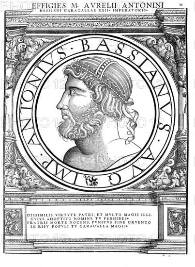 Caracalla, Lucius Septimius Bassianus, (born 4 April 188 in Lugdunum, died 8 April 217 in Mesopotamia) was Roman emperor from 211 until his death. His official imperial name was Marcus Aurelius Severus Antoninus in reference to the popular emperor Marcus Aurelius, authentic, digitally restored reproduction from a 19th century original, record date not stated