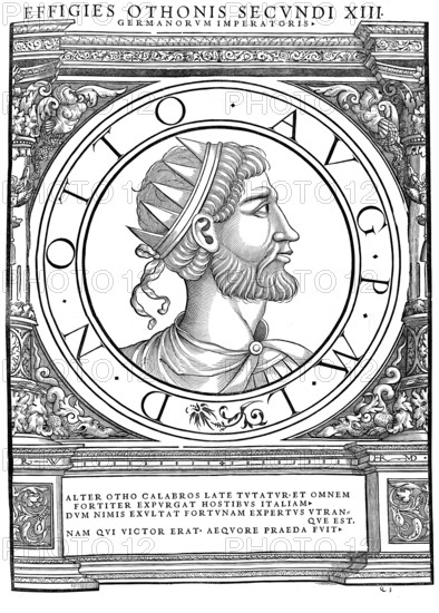 Otto II, Otto the Red, (born 955, died 7 December 983 in Rome) from the noble Liudolfing dynasty was Roman-German Emperor from 973 to 983, authentic, digitally restored reproduction from a 19th century original, record date not stated