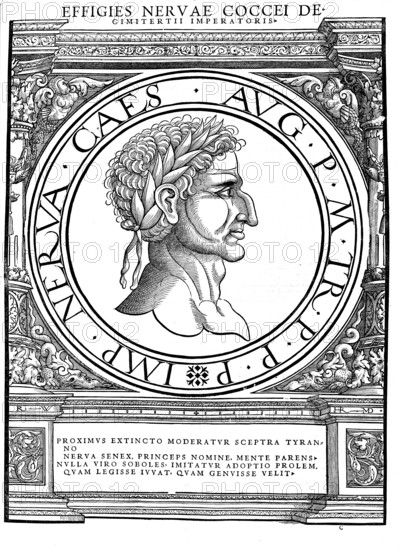 Nerva (born 8 November 30 in Narnia in Umbria, died 27 January 98 in Rome) succeeded Domitian as Roman emperor from 18 (or 19) September 96 until his death. His full birth name was Marcus Cocceius Nerva, as emperor he went by the name Imperator Nerva Caesar Augustus, authentic, digitally restored reproduction from a 19th century original, record date not stated