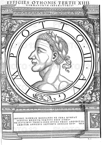 Otto III (born June or July 980 in the Reichswald near Cleves, died 23 or 24 January 1002 in Castel Paterno near Faleria, Italy) from the House of Ottonia was Roman-German king from 983 and emperor from 996 until his death, authentic, digitally restored reproduction from a 19th century original, record date not stated