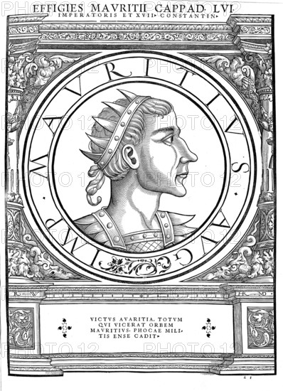Maurikios, Flavius Mauricius Tiberius, (born 539 in Arabissos, died 27 November 602 in Chalkedon) was emperor of the Eastern Roman Empire from 13 August 582 to 27 November 602 and one of the most important late antique and early Byzantine rulers, authentic, digitally restored reproduction from a 19th century original, record date not stated