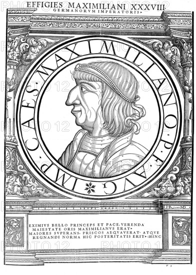 Maximilian I., Archduke Maximilian of Austria, (born 22 March 1459 at the castle in Wiener Neustadt, died 12 January 1519 at Wels Castle, Austria ob der Enns) from the Habsburg dynasty was Duke of Burgundy by marriage from 1477, Roman-German King from 1486, Lord of the Habsburg Hereditary Lands from 1493 and Roman-German Emperor in the Holy Roman Empire of the German Nation from 4 February 1508 until his death, authentic, digitally restored reproduction from a 19th century original, record date not stated