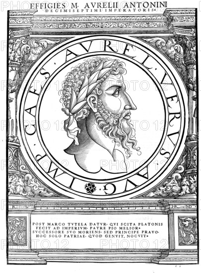 Marcus Aurelius (born 26 April 121 in Rome as Marcus Annius Catilius Severus, died 17 March 180 in Vindobona or Sirmium), also known as Marc Aurel or Marcus Aurelius, was Roman Emperor from 161 to 180 and as a philosopher the last important representative of the younger Stoa, authentic, digitally restored reproduction from a 19th century original, record date not stated