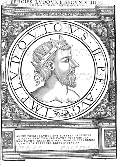 Louis II was King of Italy from 839/840, King of the Lombards from 844, Roman co-emperor from 850 and emperor from 855 from the Carolingian dynasty, authentic, digitally restored reproduction from a 19th century original, record date not stated