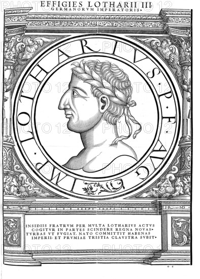 Lothar I (born 795, died 29 September 855 in Prüm Abbey) was King of Bavaria from 814 to 817, Roman Emperor from 817/823 to 855 (as co-emperor until 840), (sub-) king of Italy (king of the Lombards) from 822 to 855 and king of the Frankish Lotharii Regnum from 843 to 855, authentic, digitally restored reproduction from a 19th century original, record date not stated
