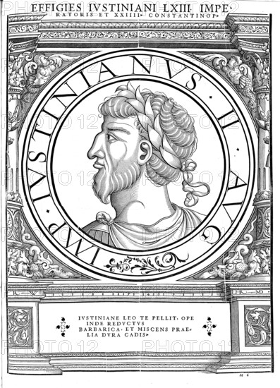 Justinian II, surnamed Rhinotmetos, with the cut-off nose, was Byzantine emperor (685 to 695 and 705 to 711), authentic, digitally restored reproduction from a 19th century original, record date not stated