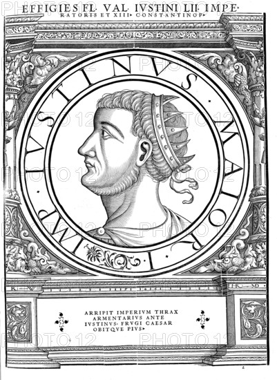 Justin I, Imperator Caesar Flavius Iustinus Augustus, Flavios Ioustinos Augoustos, as emperor also Justin the Great, (born around 450 near Naissus, died 1 August 527 in Constantinople) was Eastern Roman emperor from 518 to 527 and the first ruler of the Justinian dynasty, authentic, digitally restored reproduction from a 19th century original, record date not stated