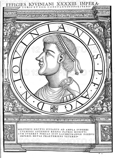 Flavius Iovianus (born 331 in Singidunum, died 17 February 364 in Dadastana), Jovian for short, also known as Iovian, was Julian's successor as emperor of the Roman Empire. He reigned for only one winter, from 363 to 364. Jovian, who was a Christian, broke with the anti-Christian policies of his predecessor and also ended the latter's offensive against the Persian Sassanid Empire in the Peace of 363, authentic, digitally restored reproduction from a 19th century original, record date not stated