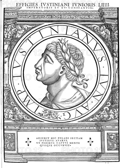 Justin II, Flavius Iustinus, (born 520, died 5 October 578) was Eastern Roman Emperor from 14 November 565 to 5 October 578, authentic, digitally restored reproduction from a 19th century original, record date not stated