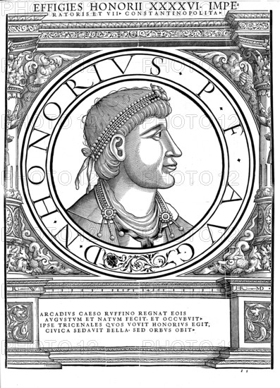 Flavius Honorius (born 9 September 384 in Constantinople, died 15 August 423 in Ravenna) was Western Roman Emperor from 395 to 423, authentic, digitally restored reproduction from a 19th century original, record date not stated