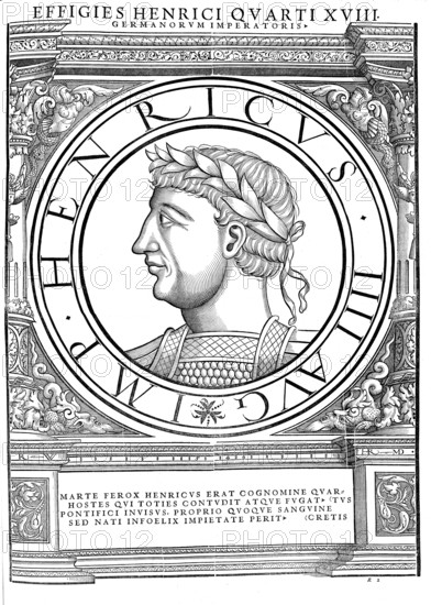 Henry IV (born 11 November 1050 presumably in Goslar, died 7 August 1106 in Liège) from the Salian family was the eldest son of Emperor Henry III and Empress Agnes. He was co-king from 1053, Roman-German king from 1056 and emperor from 1084 until his forced abdication by his son Henry V on 31 December 1105, authentic, digitally restored reproduction from a 19th century original, record date not stated