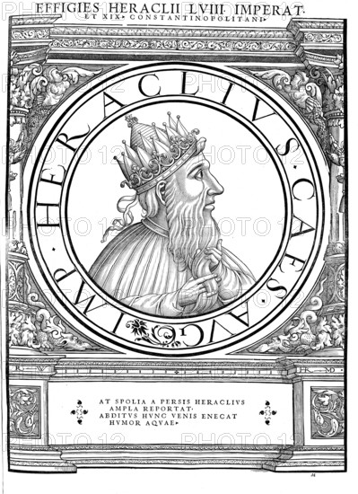 Herakleios, Flavius Heraclius, Flavios Heraklios, (born around 575 in Cappadocia, died 11 February 641 in Constantinople) was Eastern Roman or Byzantine emperor from 5 October 610 until his death, authentic, digitally restored reproduction from a 19th century original, record date not stated