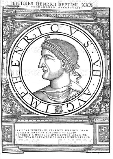 Henry VII (born 1278/79 in Valenciennes, died 24 August 1313 in Buonconvento near Siena) was descended from the House of Limburg-Luxembourg and was Count of Luxembourg and Laroche as well as Margrave of Arlon. He was Roman-German king from 1308 to 1313 and Roman-German emperor from 29 June 1312, authentic, digitally restored reproduction from a 19th century original, record date not stated