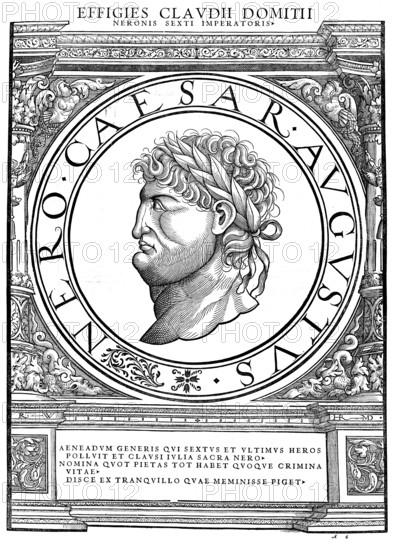 Nero Claudius Caesar Augustus Germanicus (born 15 December 37 in Antium, died 9 or 11 June 68 near Rome) was emperor of the Roman Empire from 54 to 68. He was the fifth and last emperor of the Julio-Claudian dynasty, authentic, digitally restored reproduction from a 19th century original, record date not stated