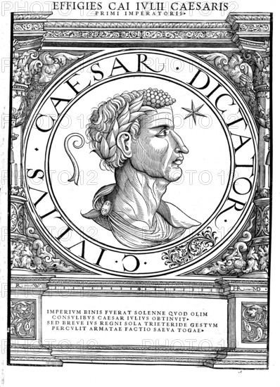 Gaius Iulius Caesar, also Gaius Julius Caesar, (born 13 July 100 BC in Rome, died 15 March 44 BC) was a Roman statesman, general and author who contributed significantly to the end of the Roman Republic and its later transformation into a monocracy, the Principate, Empire, authentic, digitally restored reproduction from a 19th century original, record date not stated