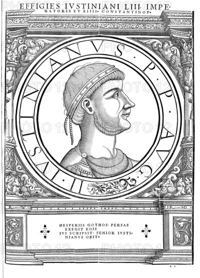 Justinian, Iustinianus, documented in his consular diptychs from the year 521 as Flavius Petrus Sabbatius Iustinianus, was Roman emperor from 1 April and 1 August 527 until his death, authentic, digitally restored reproduction from a 19th century original, record date not stated