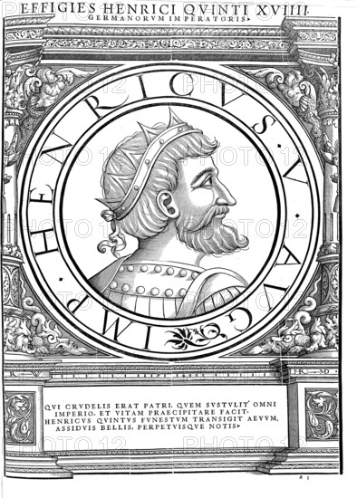 Henry V (born 1081 or 1086, possibly on 11 August, died 23 May 1125 in Utrecht) from the Salian family was co-king with his father, Emperor Henry IV, from 1098, Roman-German king from 1106 and Roman-German emperor from 1111 to 1125, authentic, digitally restored reproduction from a 19th century original, record date not stated