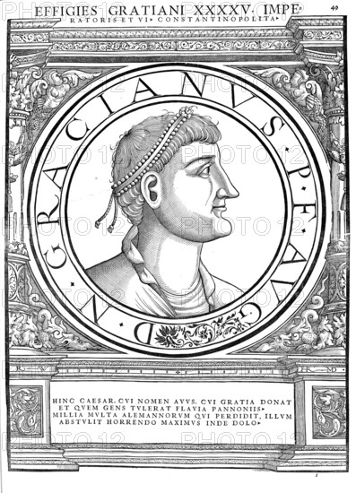 Gratian (born 18 April 359 in Sirmium, died 25 August 383 in Lugdunum), whose full name was Flavius Gratianus, was emperor in the west of the Roman Empire from 375 to 383, but was already appointed co-emperor by his father Valentinian I in 367. Together with Theodosius I, he made Christianity the state religion of the Roman Empire, authentic, digitally restored reproduction from a 19th century original, record date not stated