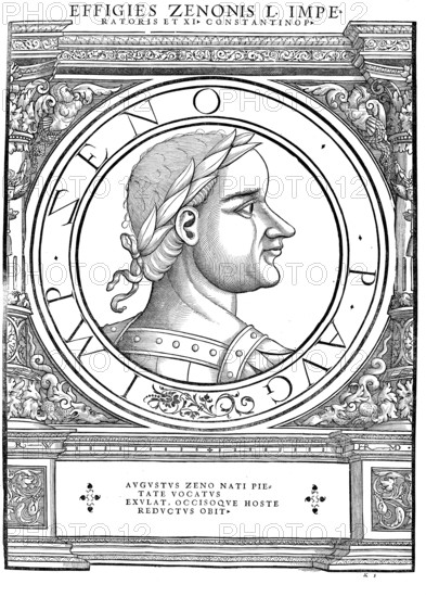 Zenon, Flavius Zeno (died 9 April 491), was Eastern Roman Emperor from 29 January 474 until his death, authentic, digitally restored reproduction from a 19th century original, record date not stated