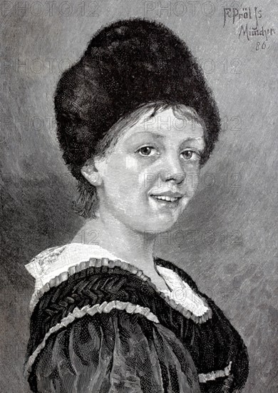 Girl in the traditional traditional costume of Mittenwald around 1890, Upper Bavaria, Bavaria, Germany, Historical, authentic, digitally restored reproduction from a 19th century original, Record date not stated