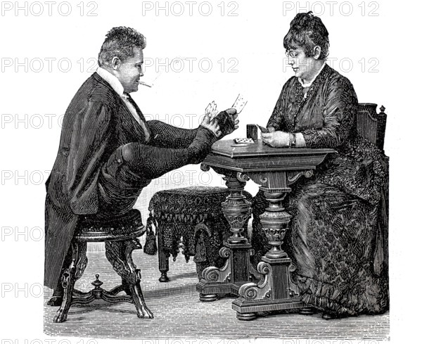 Carl Herrmann Unthan (born 5 April 1848, died 19 November 1929 in Berlin), a German violinist and artist born without arms, artistic shooter and artistic swimmer, here playing cards, Historical, authentic, digitally restored reproduction from a 19th century original, Record date not stated