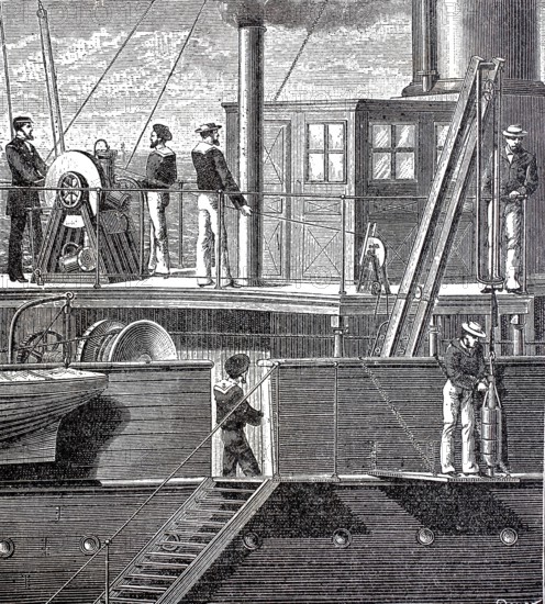 Scene on a ship, sailors ready to sound, plumb, measure sea depth, 1880, Historical, authentic, digitally restored reproduction from a 19th century original, Record date not stated