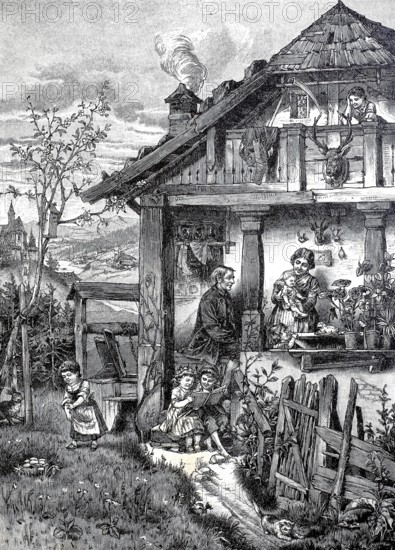 Easter in the forester's house, family idyll, parents and children, child looking for Easter eggs, 1890, Historical, authentic, digitally restored reproduction from a 19th century original, Record date not stated