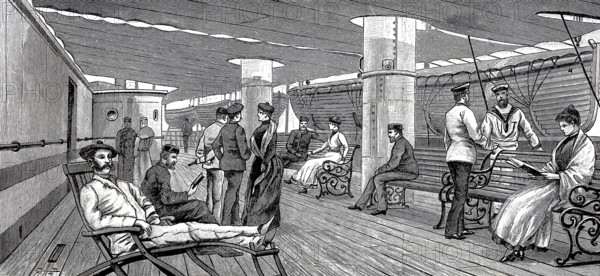 Pictures of a luxurious ocean fast steamer around 1890, promenade deck, ship Columbia of the Hamburg-Amerikanische Packetfahrt-Actien-Gesellschaft, HAPAG, Historical, authentic, digitally restored reproduction from a 19th century original, Record date not stated