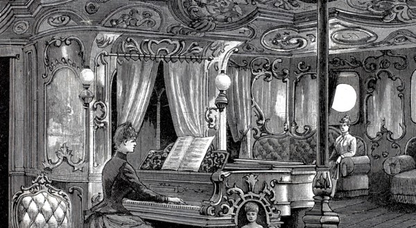 Pictures of a luxurious ocean fast steamer around 1890, music hall, ship Columbia of the Hamburg-Amerikanische Packetfahrt-Actien-Gesellschaft, HAPAG, Historical, authentic, digitally restored reproduction from a 19th century original, Record date not stated