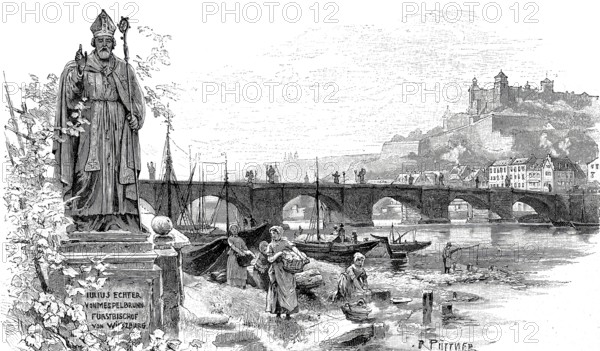 The old Main bridge in Würzburg around 1890, Lower Franconia, Bavaria, Germany, Historical, authentic, digitally restored reproduction from a 19th century original, Record date not stated