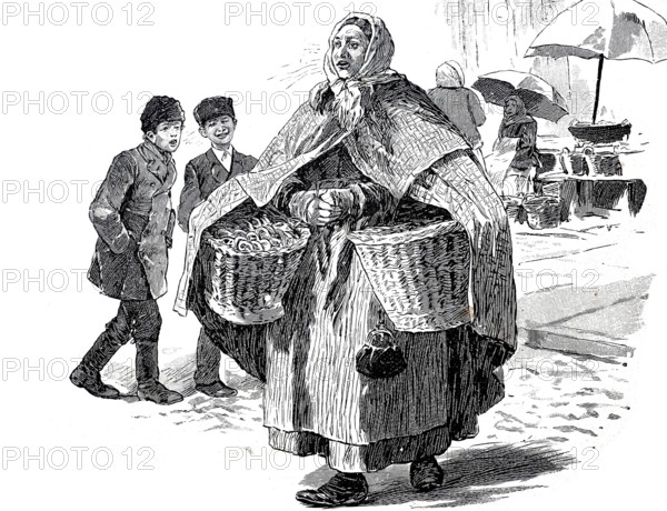 Pretzel seller, baker's woman with two baskets of fresh pretzels at the market, 1880, Germany, Historical, authentic, digitally restored reproduction from a 19th century original, Record date not stated