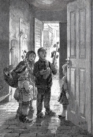 Heischebrauch, Das Fastnachtssingen der Kinder in der Neumark, 1890, historical landscape east of the Oder, Germany, Historical, authentic, digitally restored reproduction from a 19th century original, Record date not stated