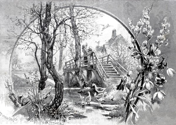 Symbolic photo for spring, with blossoms, ducks and two children standing on a wooden bridge, landscape, spring mood, 1890, Historical, authentic, digitally restored reproduction from a 19th century original, Record date not stated