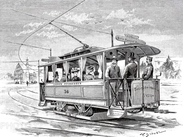 The electric tramway in Bremen in 1890, Germany, Historical, authentic, digitally restored reproduction from a 19th century original, Record date not stated