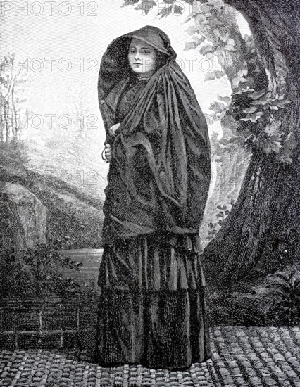 Woman from Malta with a Ghonnella, also called Faldetta, form of headgear and scarf or hooded cloak for woman, which only exists on the Mediterranean islands of Malta and Gozo, 1890, Historical, authentic, digitally restored reproduction from a 19th century model, Record date not stated