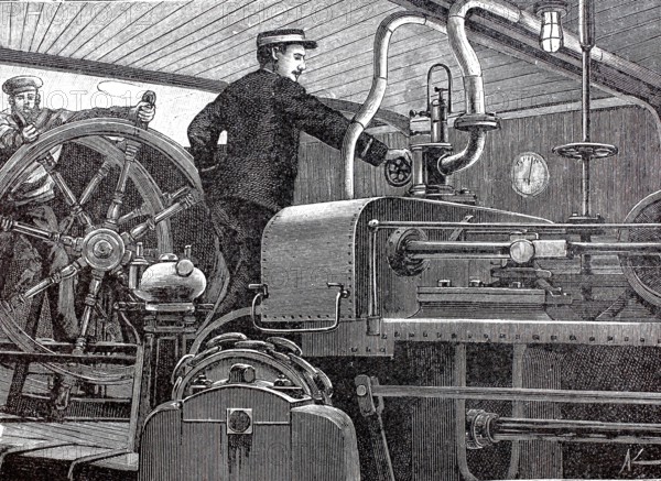 Pictures of a luxurious ocean fast steamer around 1890, steam steering apparatus, ship Columbia of the Hamburg-Amerikanische Packetfahrt-Actien-Gesellschaft, HAPAG, Historical, authentic, digitally restored reproduction from a 19th century original, Record date not stated
