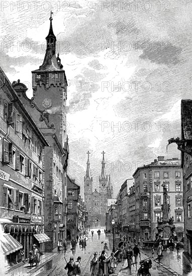 The cathedral street in Würzburg in 1890, Lower Franconia, Bavaria, Germany, Historical, authentic, digitally restored reproduction from a 19th century original, Record date not stated