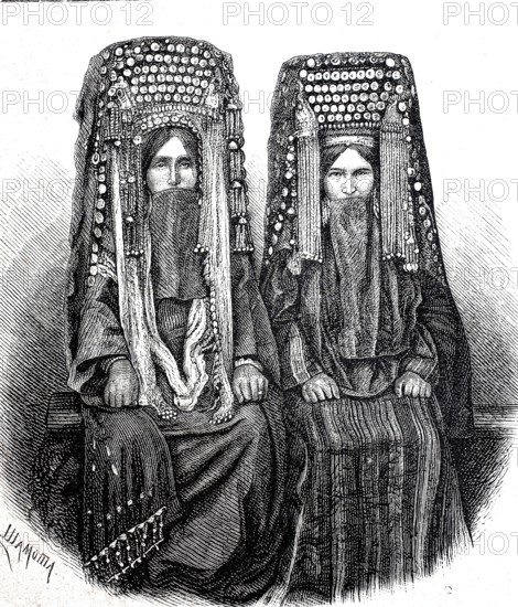 Women's traditional costume in Turkmenistan around 1880, from the Krasnovodsk region, today Türkmenbasy, Historical, authentic, digitally restored reproduction from a 19th century original, Record date not stated